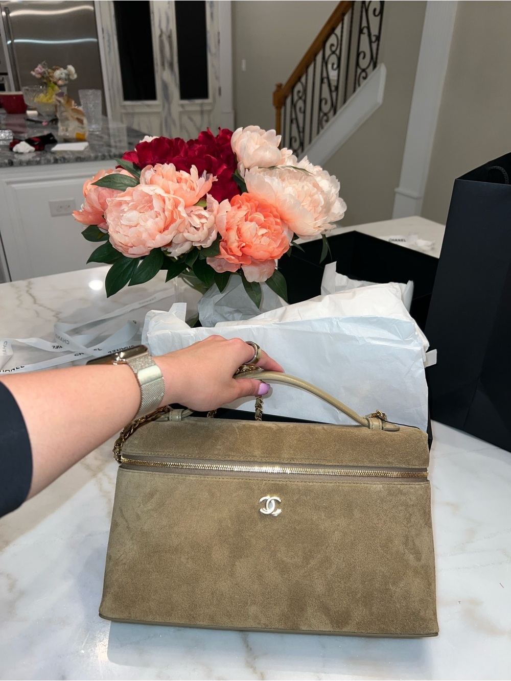 CHANEL Metiers d’art 26 Beige Maxi Vanity Suede Top-Handle with Gold Hardware